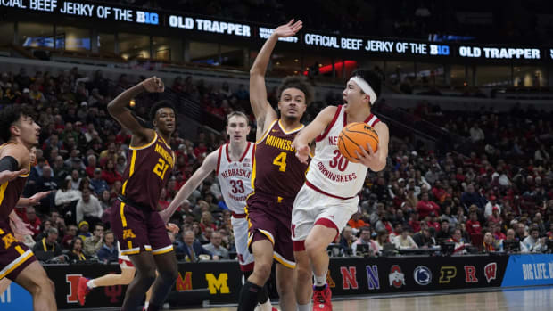 Mar 8, 2023; Chicago, IL, USA; Minnesota Golden Gophers guard Braeden Carrington (4) defends Nebraska Cornhuskers guard Keisei Tominaga (30) during the first half at United Center.